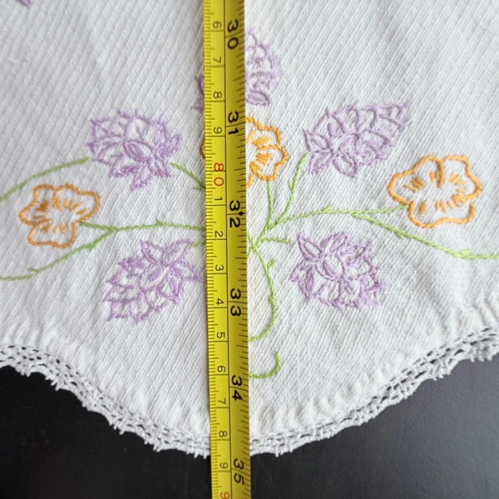 Vintage Hand Embroidered Table Runner Dresser Scarf Set Floral White Cotton Lace